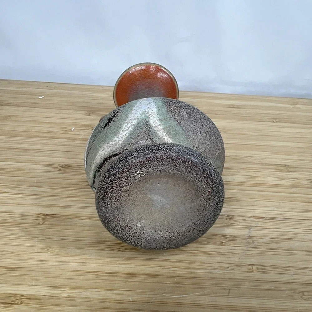 Vintage Art‎ Glass Bud Vase Amber Applied Handles Mottled Orange Green 5.75